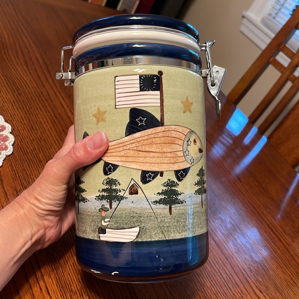 Carol Enders Ceramic Canister with Americana Fish Design